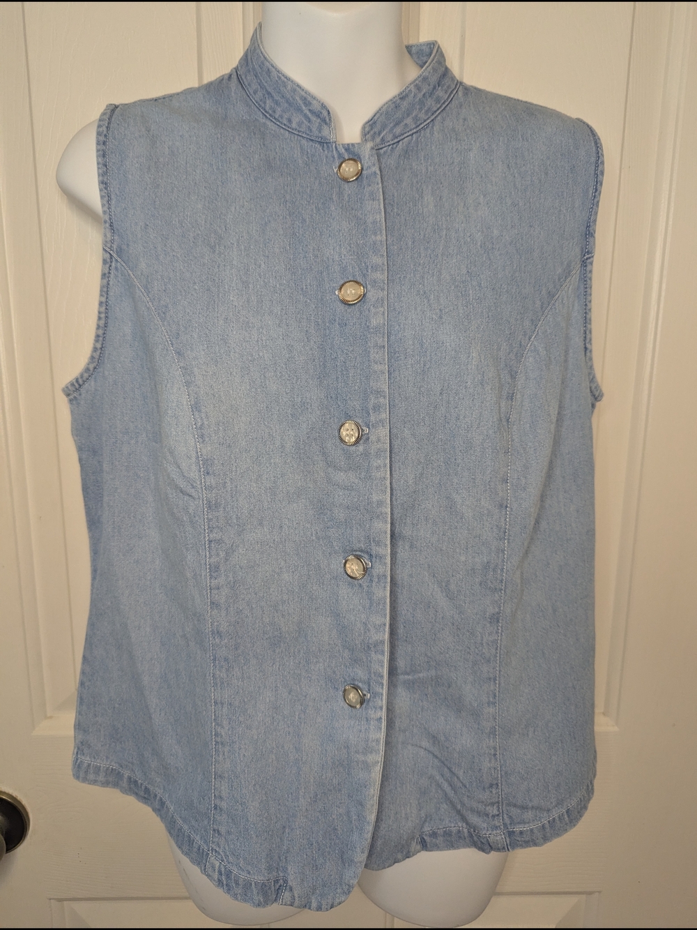 Vintage Marsh Landing Blues Denim Vest Womens M Banded Collar 90s Button Up Boho